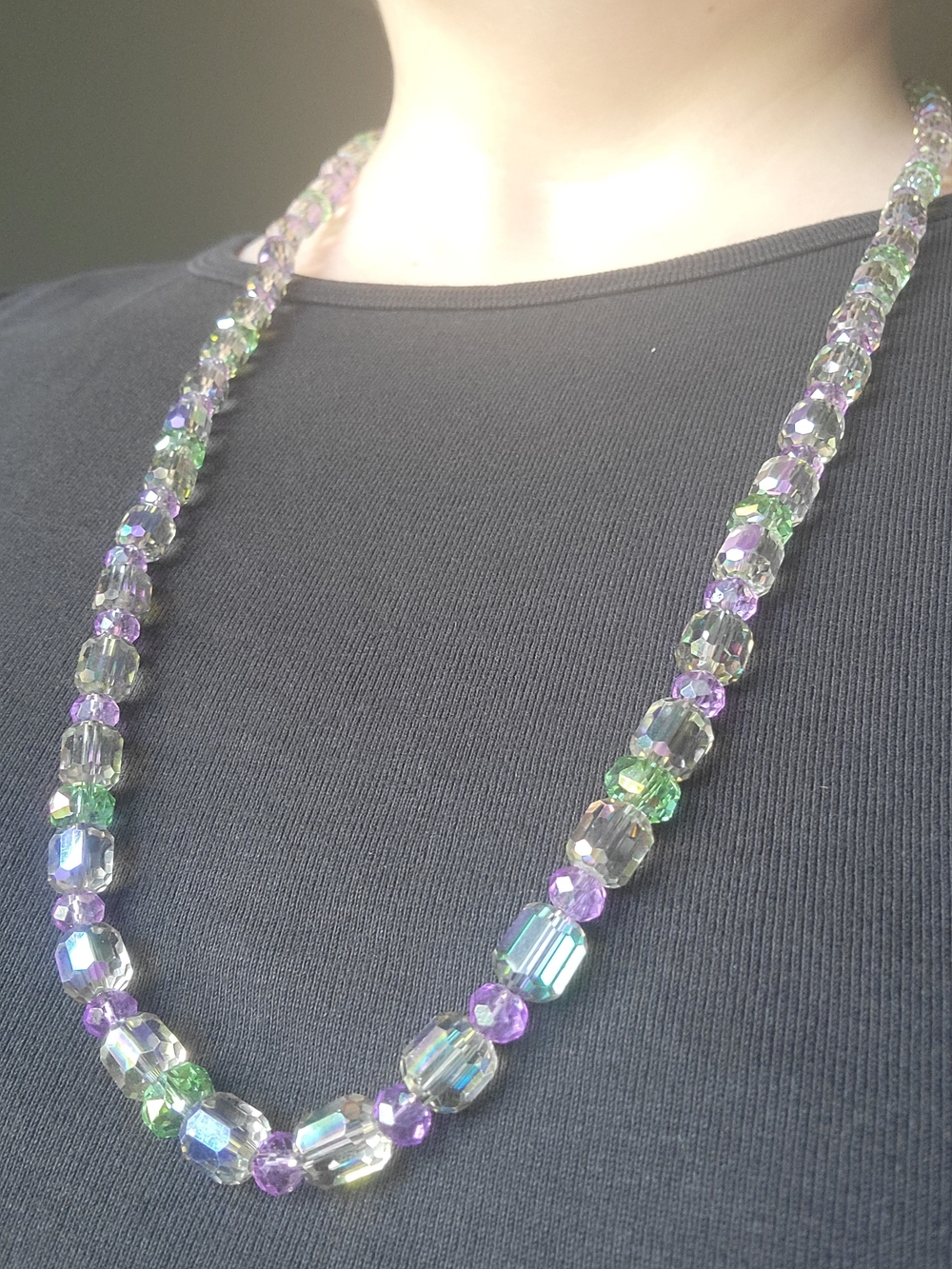 Iridescent Genuine Crystal Beaded Necklace in Purple & Green Artisan Handmade - Picture 3 of 11